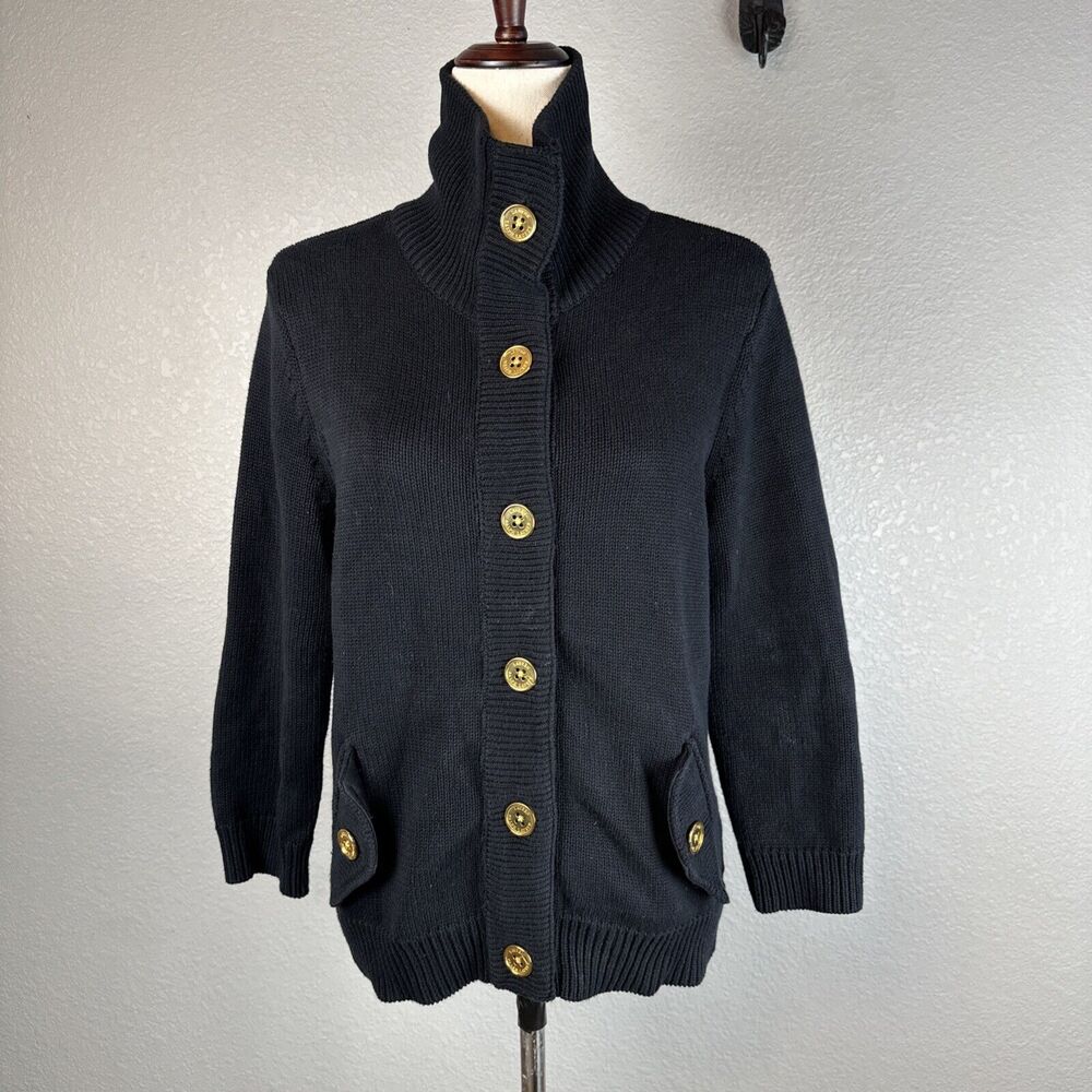Ralph Lauren Classic Gold Button Cardigan Sweater Jacket Size L Black Cotton